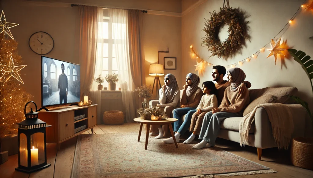 a group of people sitting on a couch watching tv