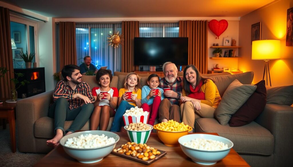 a group of people sitting on a couch eating popcorn and watching tv